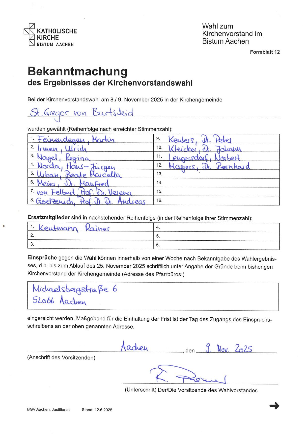 2025_11_09 Bekanntmachung Ergebnis KV Wahl (c) Pfarrverwaltung