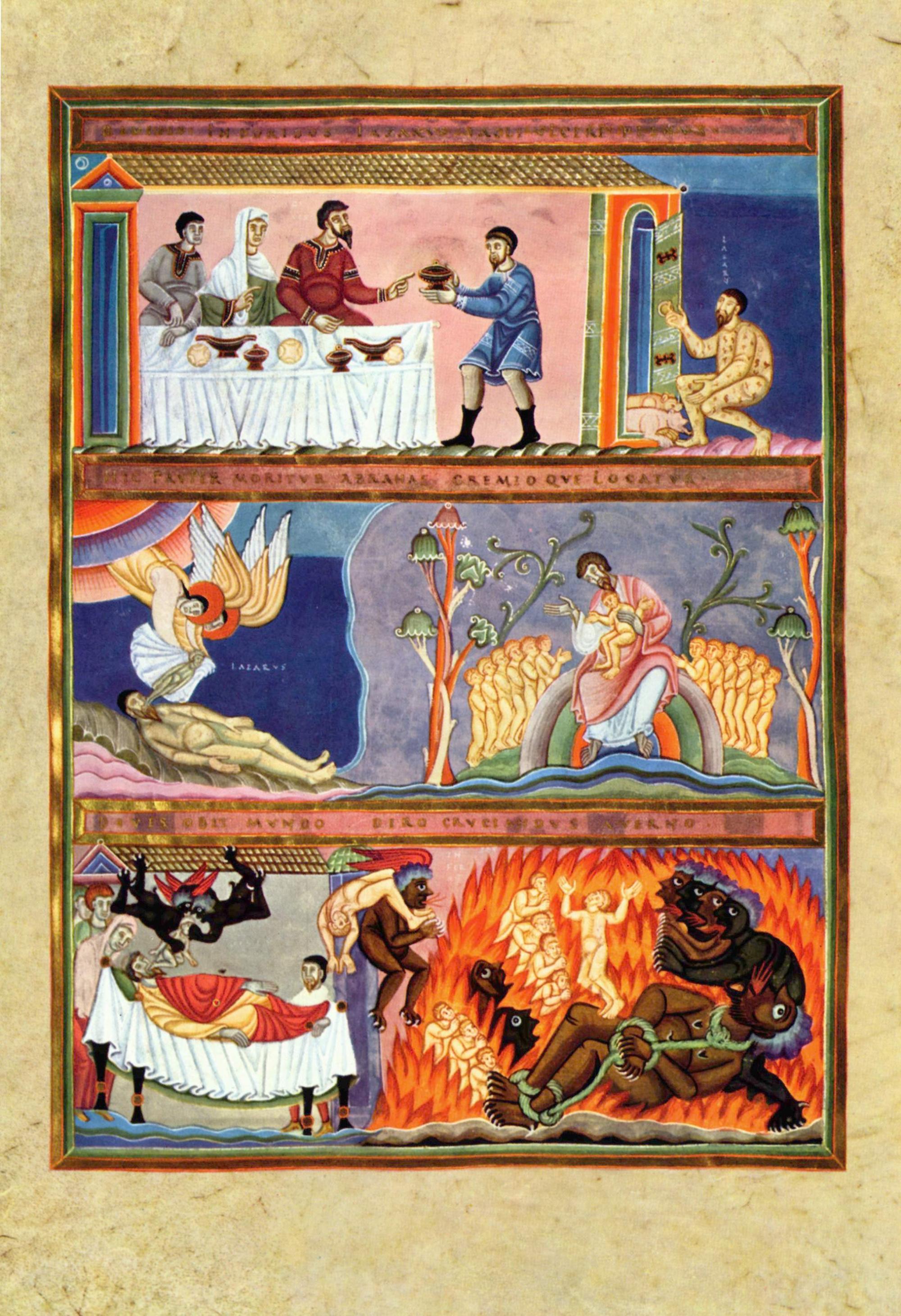 Codex Aureus Epternacensis (Goldenes Evangeliar), Prunkhandschrift, Szene: Gleichnis vom reichen Prasser und vom armen Lazarus