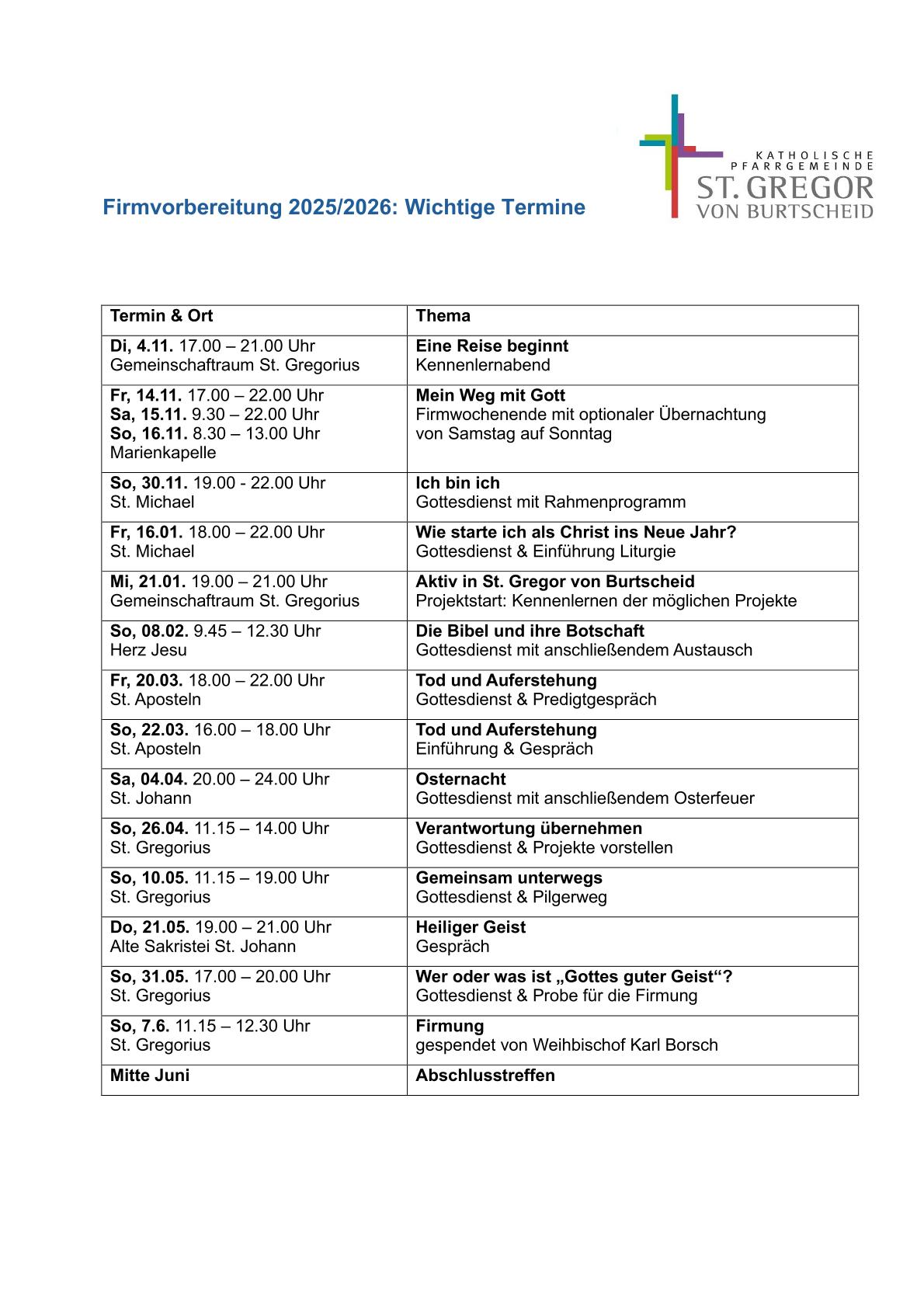 Übersicht Termine Firmvorbereitung 2025_2026 (c) Firmvorbereitungsteam